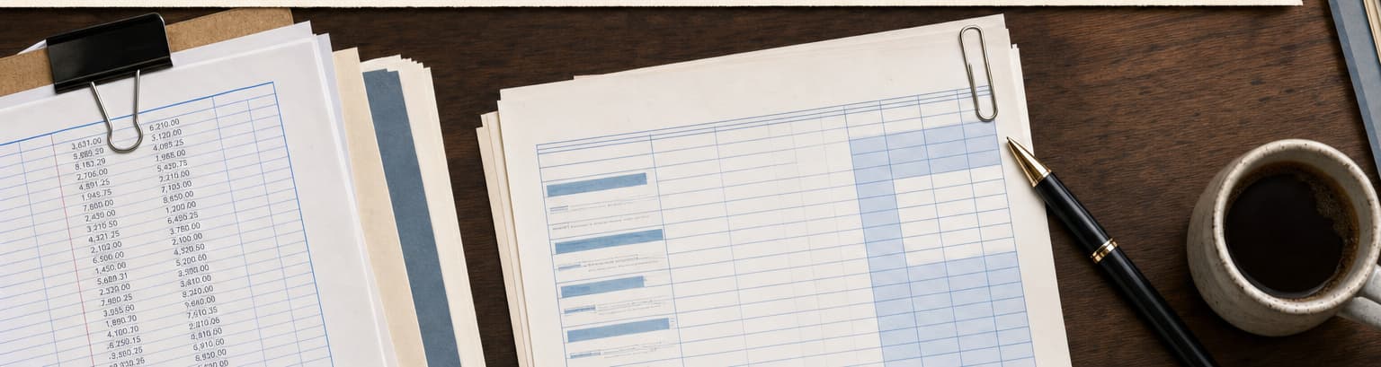 Accounting working papers, a pen, and coffee on a wooden desk