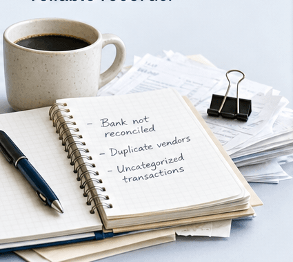 Notebook listing unreconciled bank activity, duplicate vendors, and uncategorized transactions beside receipts