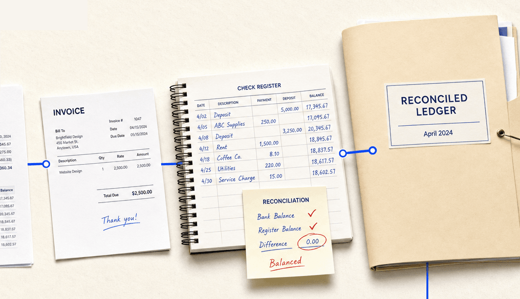 Invoice and check register beside a reconciled ledger folder