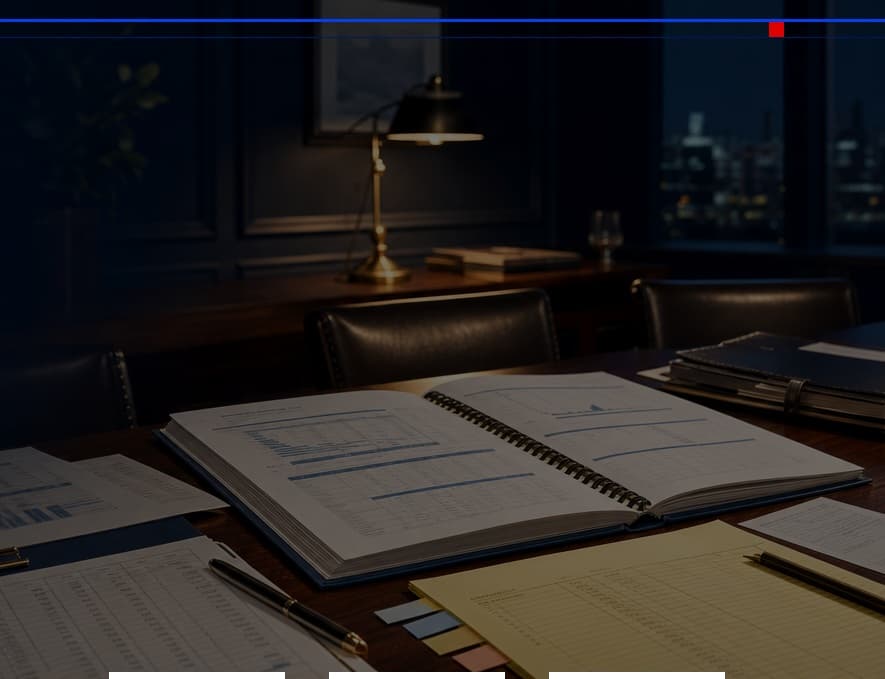Decision-room table with an open budget workbook and financial records