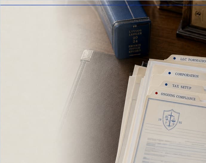 Private-office desk with labeled formation folders, a blue-bound ledger, and tabs for entity, tax setup, and filing work