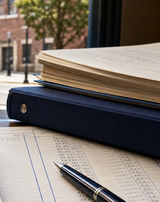 An open accounting ledger, a navy binder, and a pen beside a sunlit window