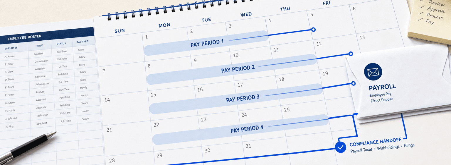 Desk calendar with highlighted pay periods alongside payroll records