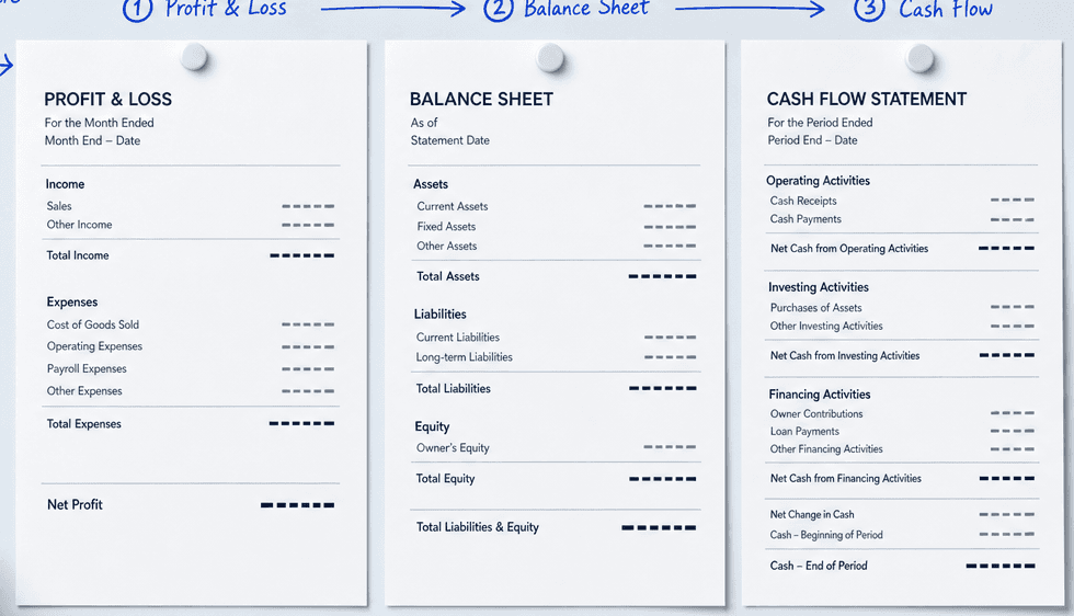 Three printed reports pinned in a row — a profit and loss, a balance sheet, and a cash-flow view — with a blank annotation margin