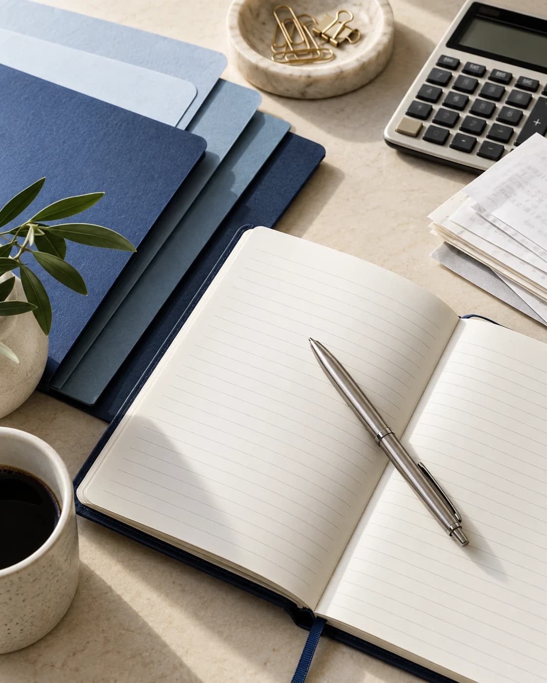 An open navy planning notebook, silver pen, calculator, and neatly layered document folders on an ivory desk