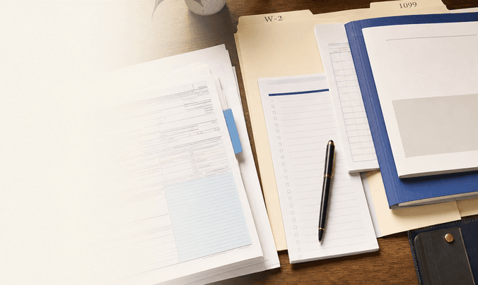 Overhead view of filed returns, income document folders, and a blank intake checklist arranged on a preparation desk