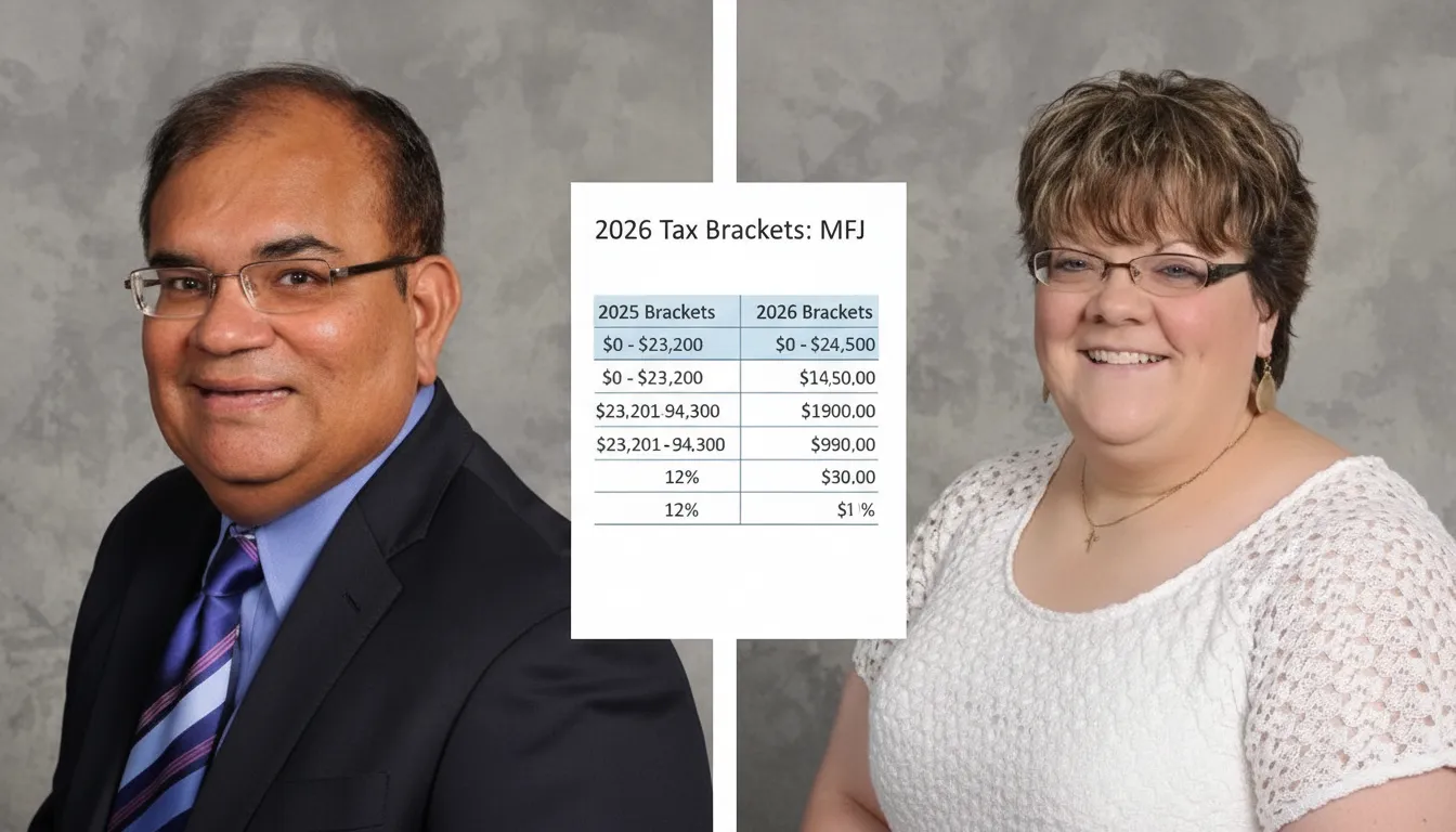 Couple reviewing a 2025 and 2026 tax bracket comparison for married filing jointly.