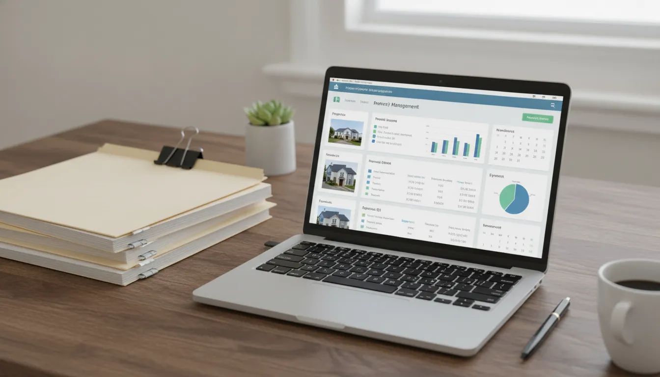 Laptop displaying bookkeeping software for rental properties beside folders, a pen, and a coffee cup.