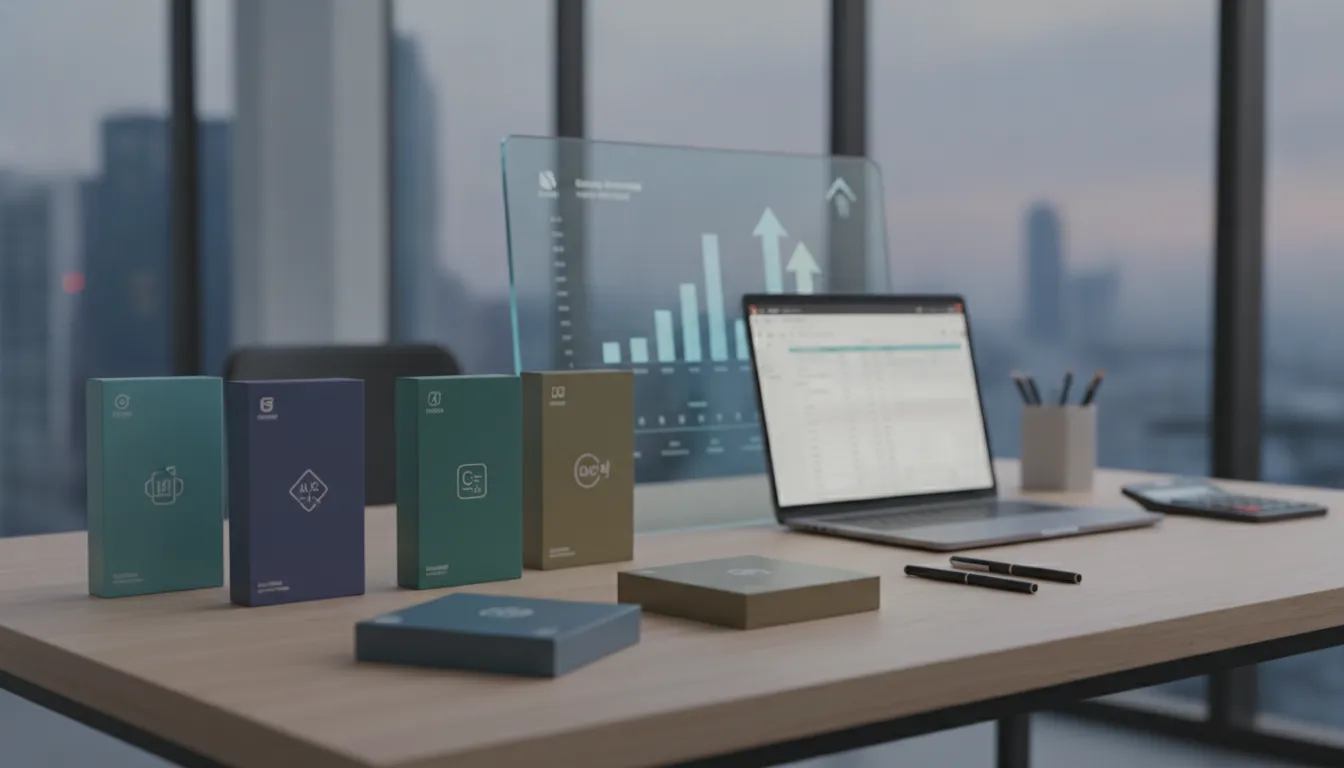 Laptop, tax software boxes, and charts for choosing the best tax software for small business.