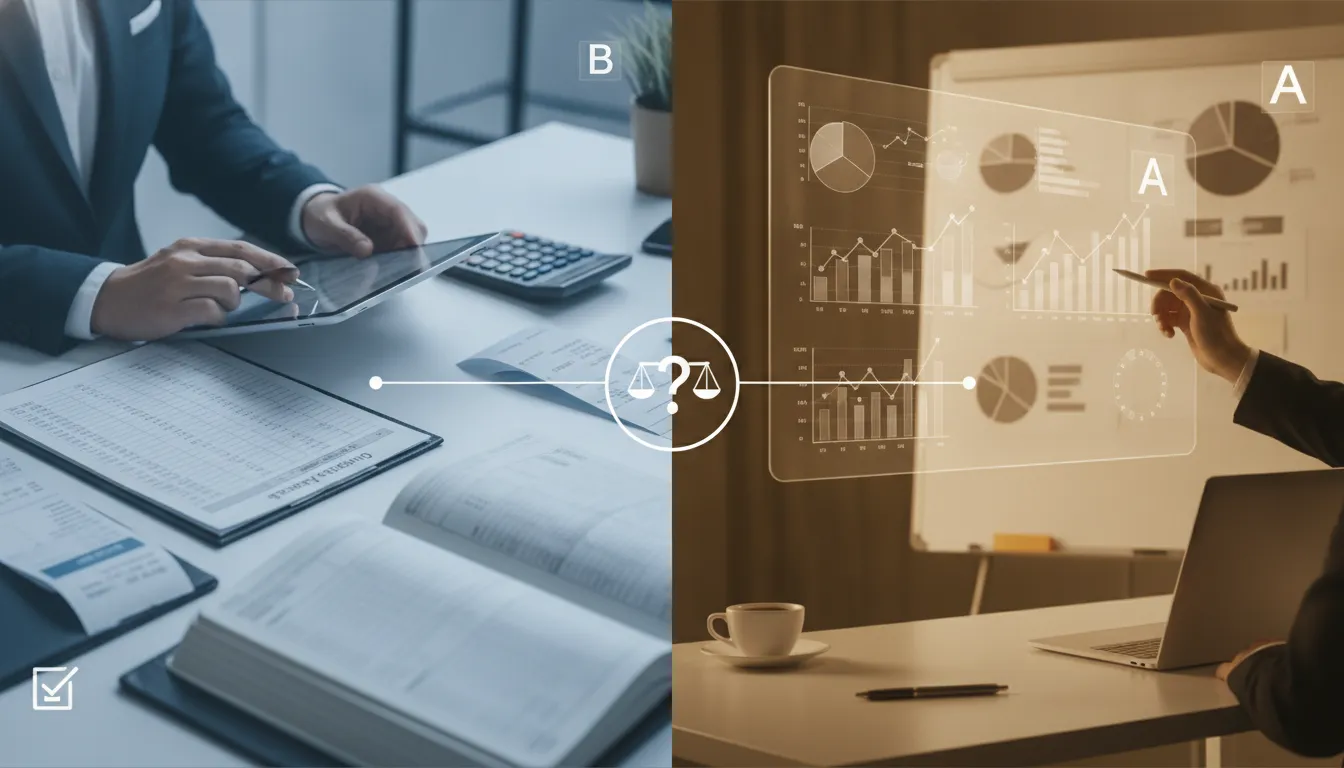Bookkeeping vs accounting comparison with financial records and data analysis charts.