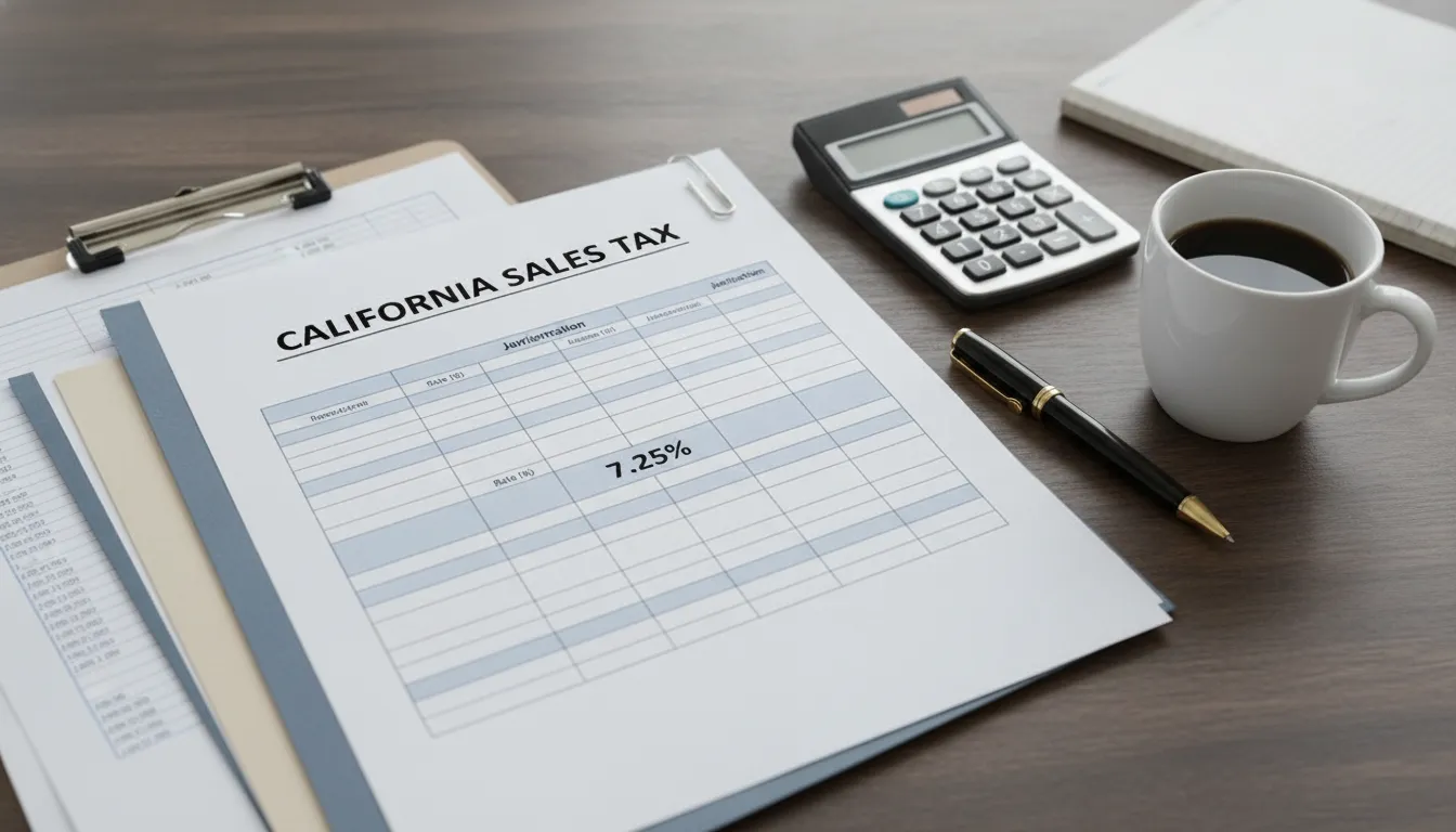 California sales tax document showing the 7.25% base rate beside a calculator and pen.
