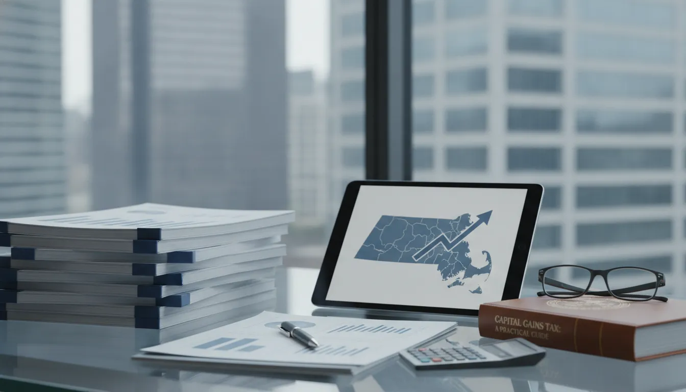 Tablet displaying a Massachusetts map beside a capital gains tax guide, calculator, and documents.