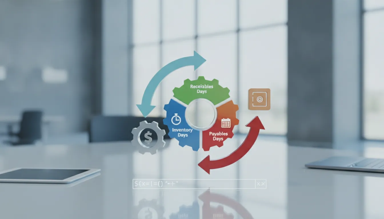 Cash conversion cycle diagram with inventory, receivables, and payables days.