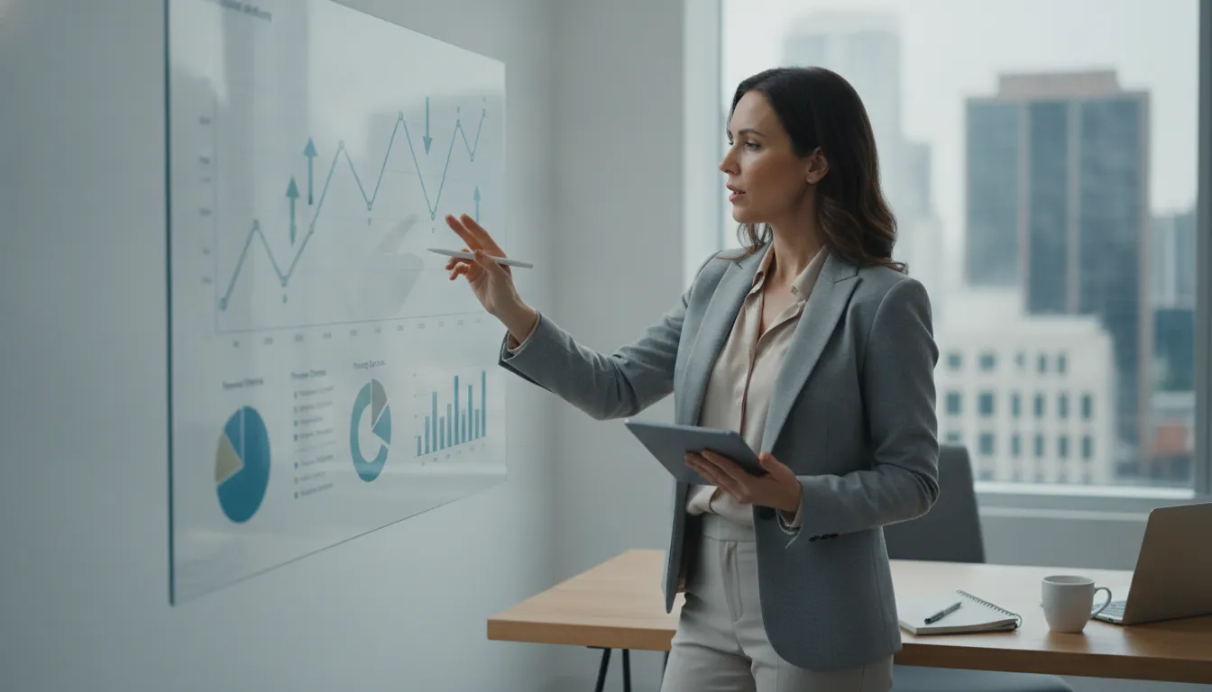 Businesswoman reviewing cash flow analysis charts on a whiteboard.