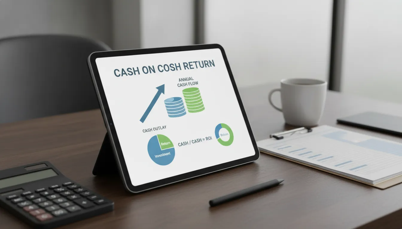 Tablet displaying a cash-on-cash return calculation and charts beside a calculator and coffee.