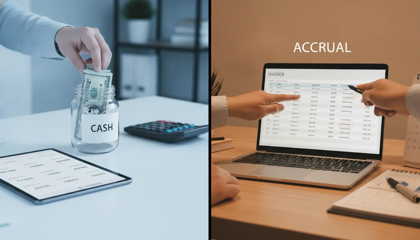Cash vs. accrual accounting with cash jar and invoice on laptop screen.