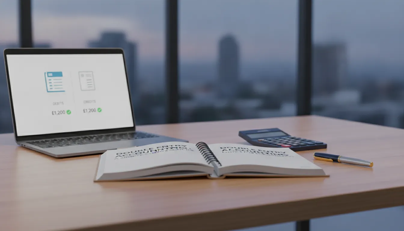 Laptop, calculator, pen, and open double-entry accounting book on a desk overlooking a city.