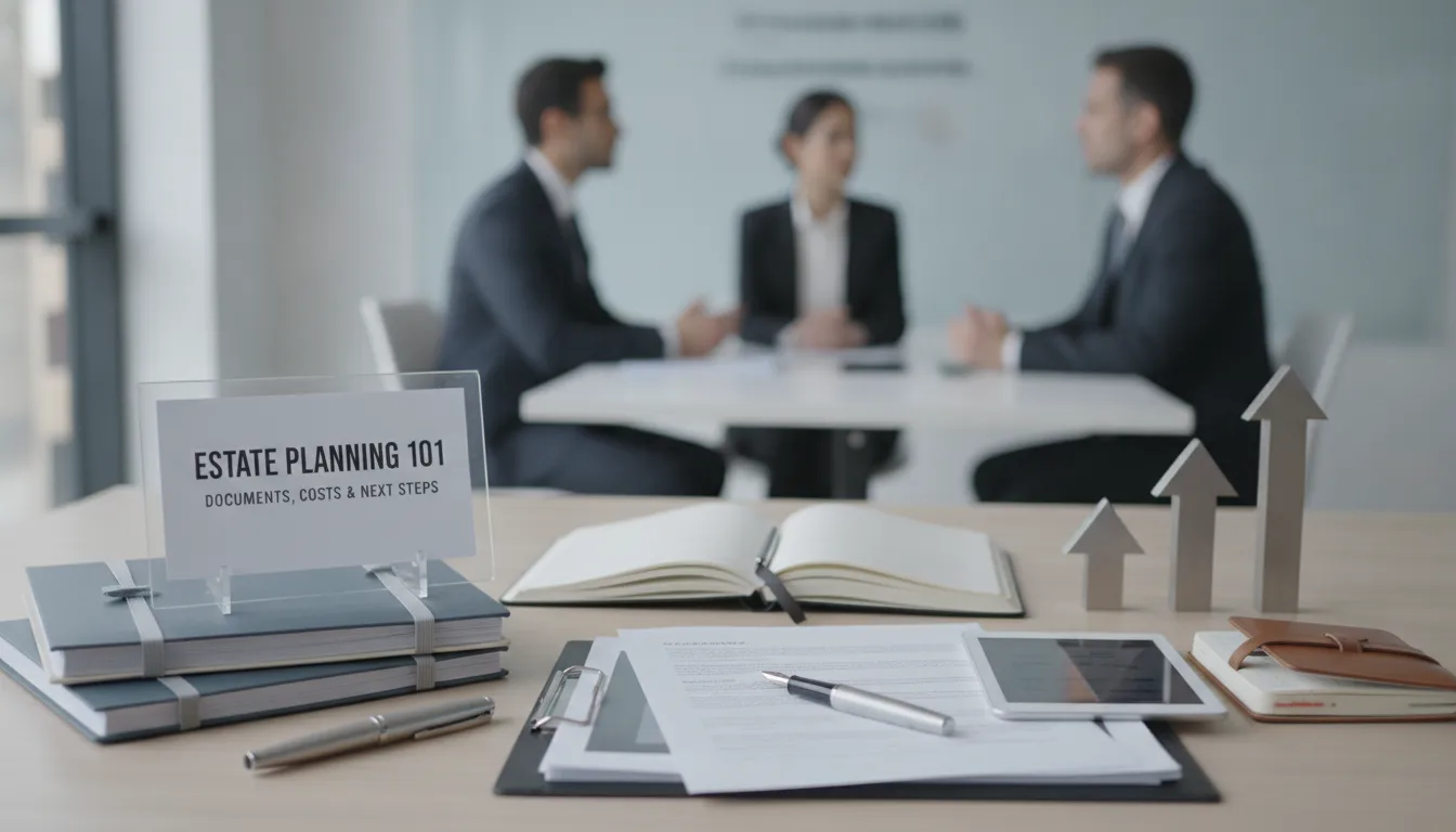 Estate planning documents and cost notes on a desk during a business meeting.