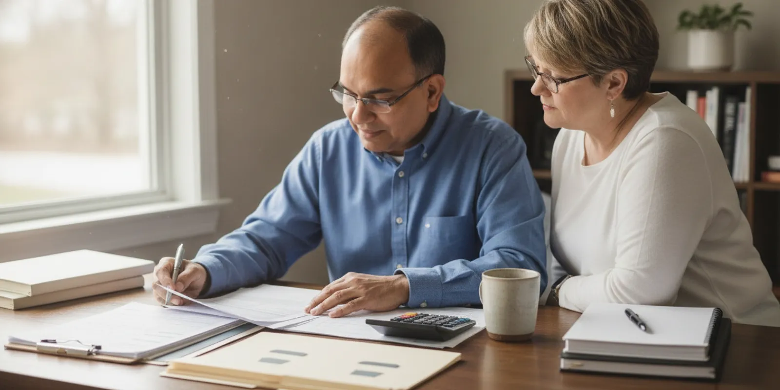 A small business owner reviewing a Massachusetts tax notice and organizing financial records at a desk