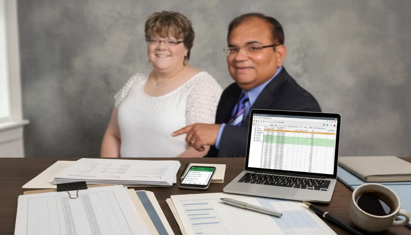 Two people at a desk with bookkeeping spreadsheets and documents for a small business.