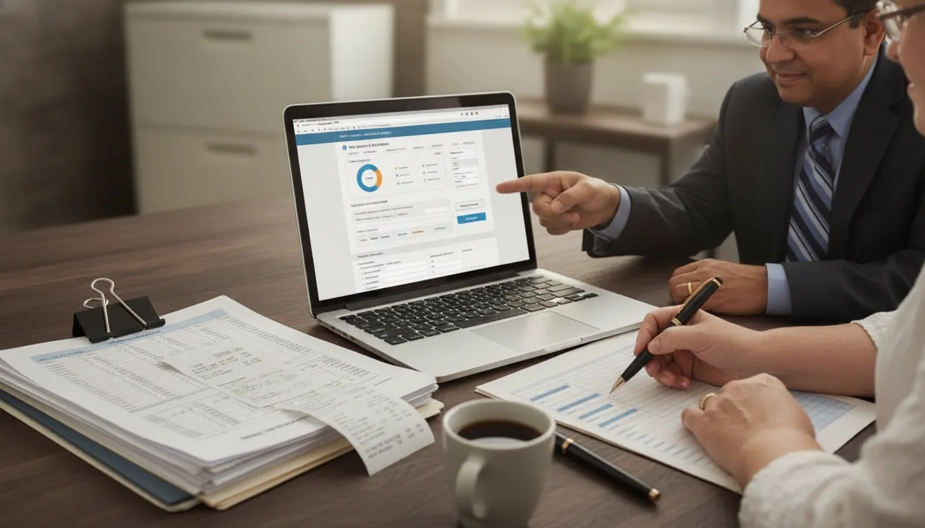 Two people review small business tax documents on a laptop while filing taxes online.