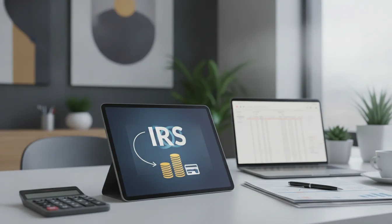 Making an IRS payment online using a tablet at a desk with tax documents.