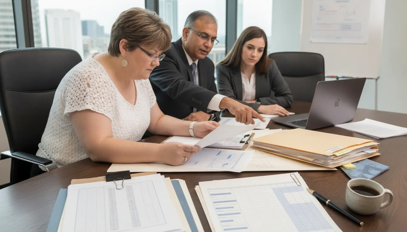 Three professionals reviewing tax documents to prepare for a tax audit.