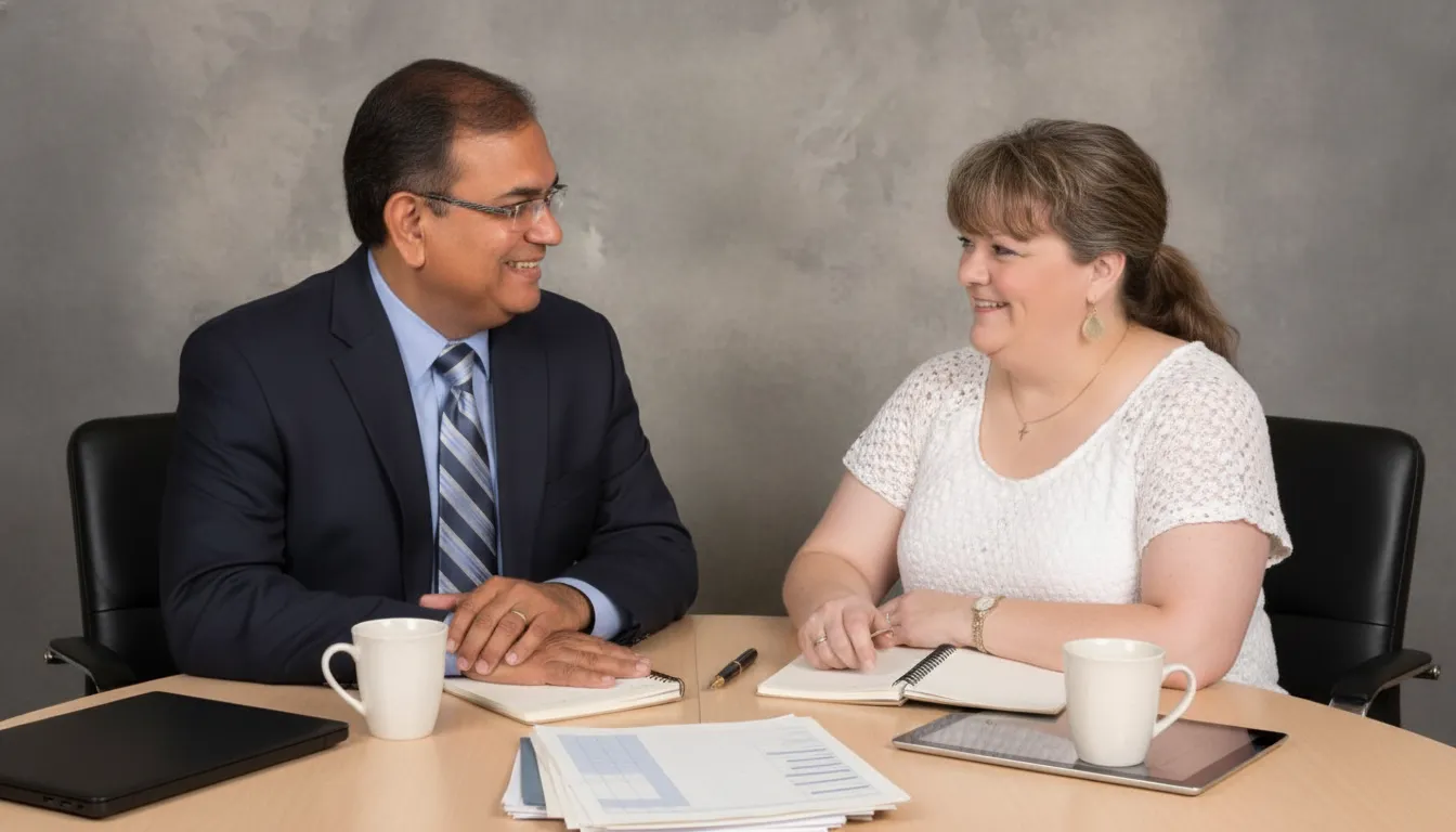 Two people review IRS estimated tax payment paperwork at a desk.