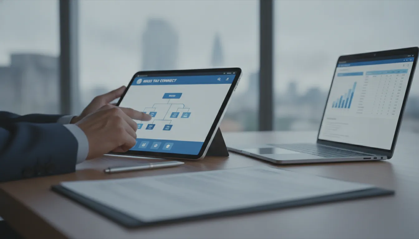 A person using a tablet to connect to their Mass Tax account, with a laptop showing tax data.