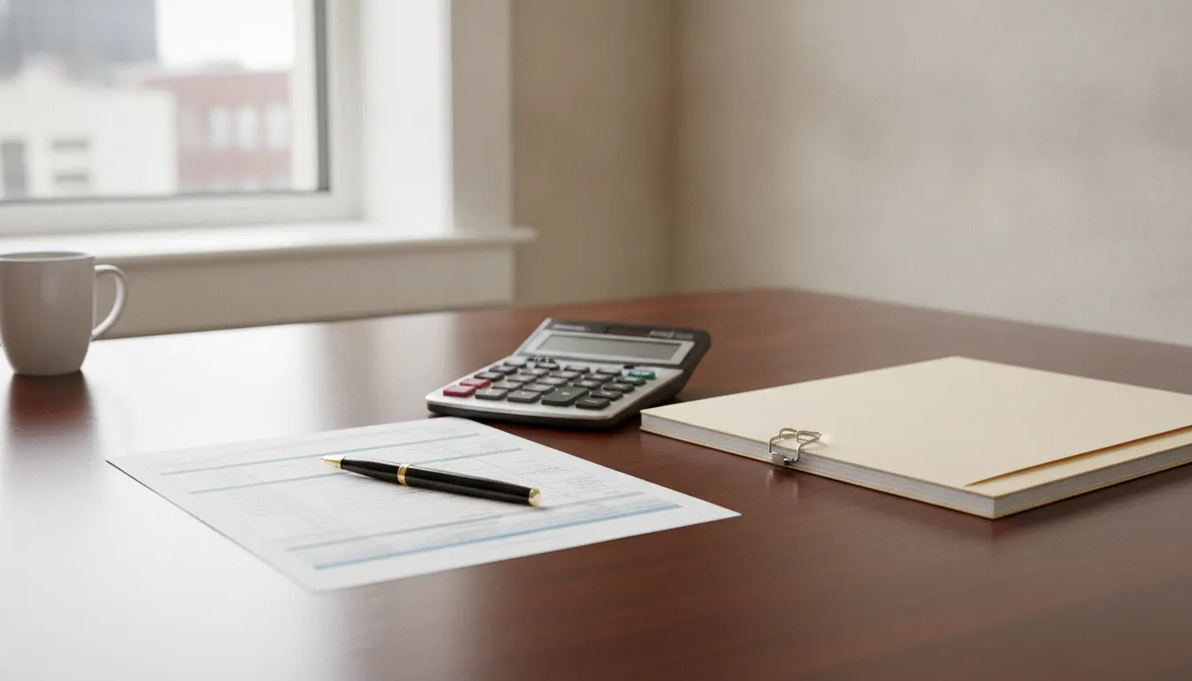 Worcester accountant reviewing a Massachusetts tax return and a sale closing folder at a desk