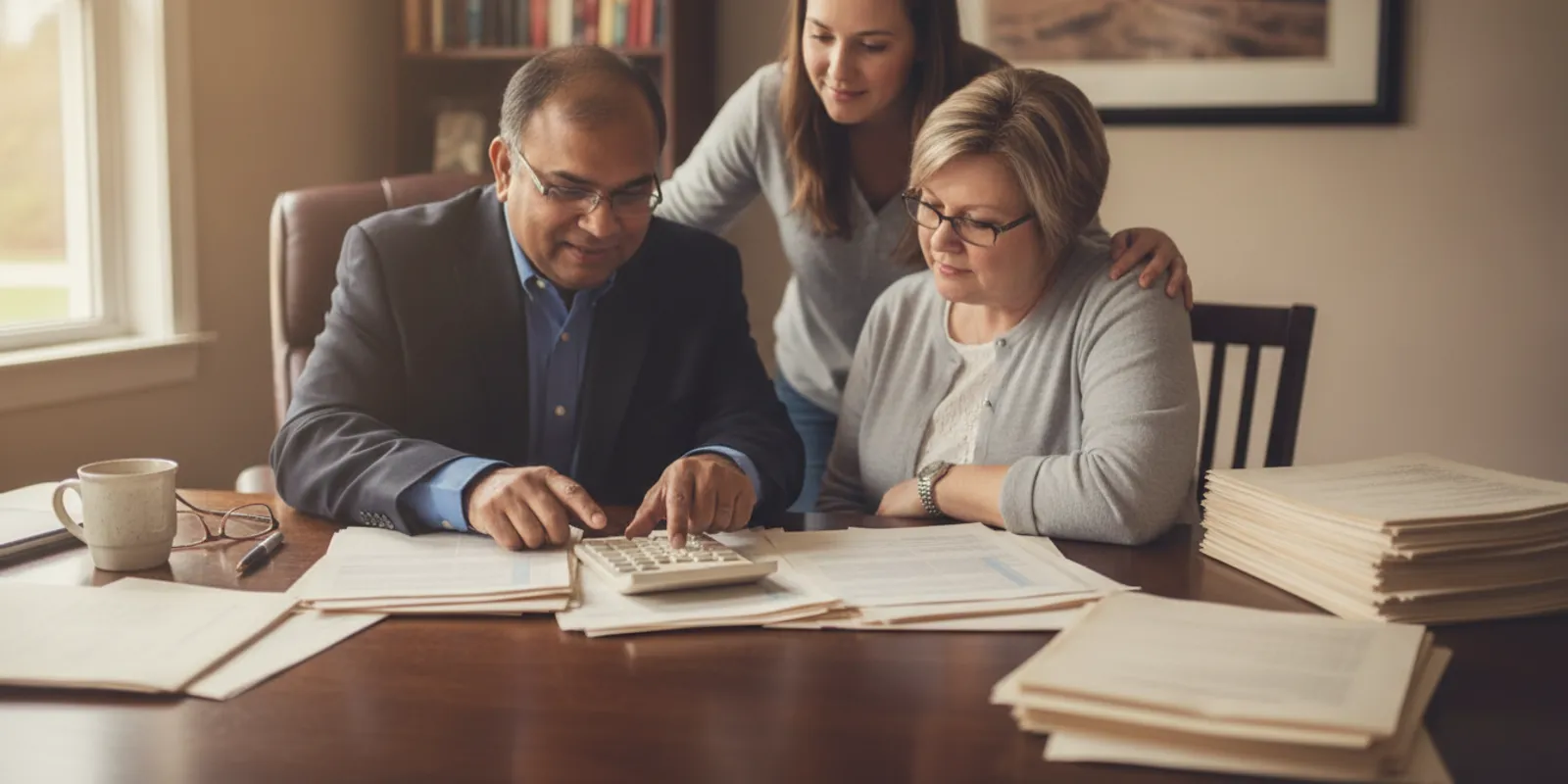 Family reviewing estate documents with a tax professional at a desk