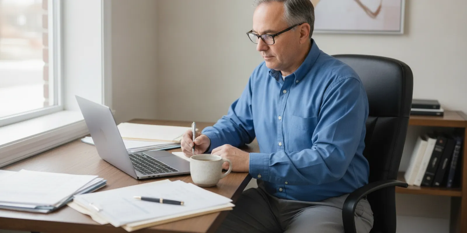 Small business owner reviewing payroll records at a desk in Massachusetts