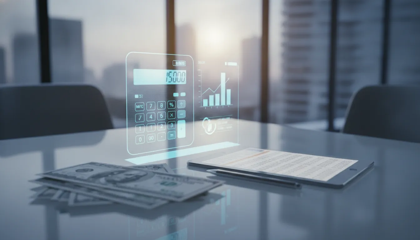 Property tax calculator, cash, financial chart, and tax document on an office desk.