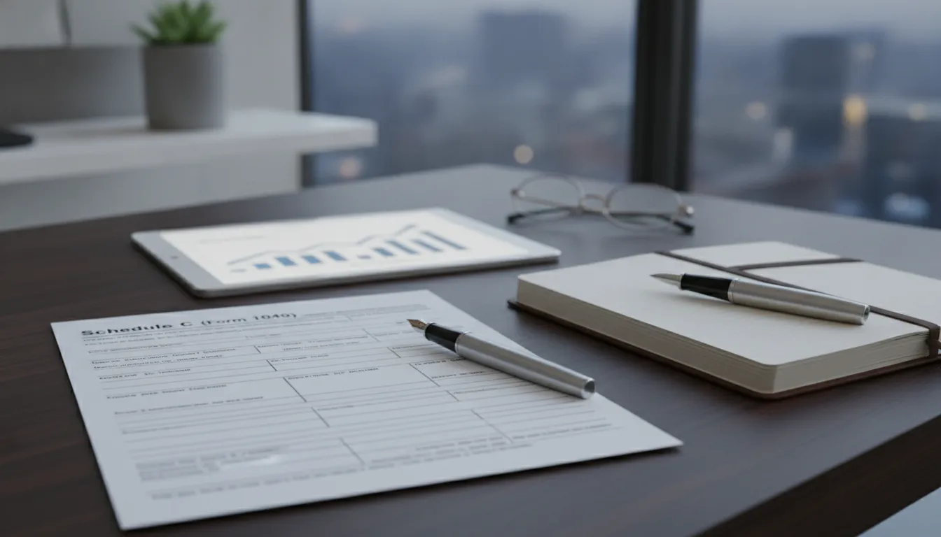 Schedule C tax form with a pen, notebook, and tablet displaying a financial chart.