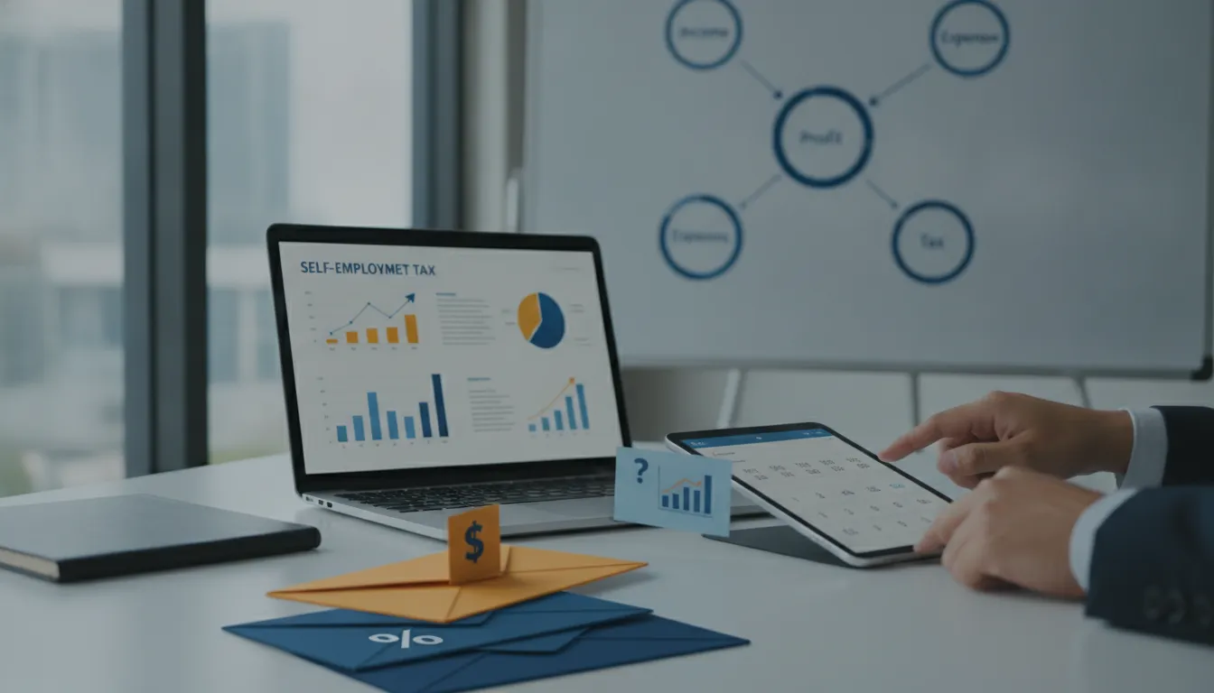 Laptop showing self-employment tax charts beside a tablet and financial documents on an office desk.