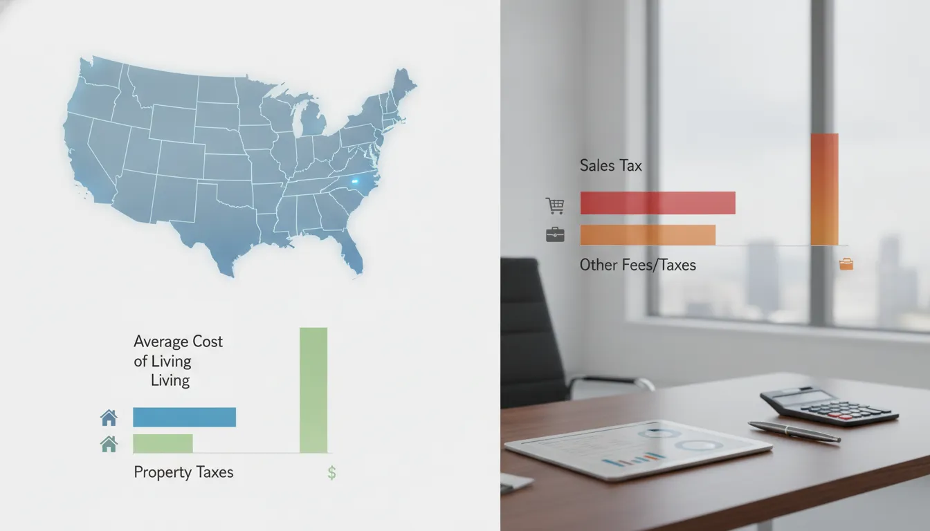 U.S. map and bar charts comparing living costs, property taxes, sales taxes, and fees in states with no income tax.