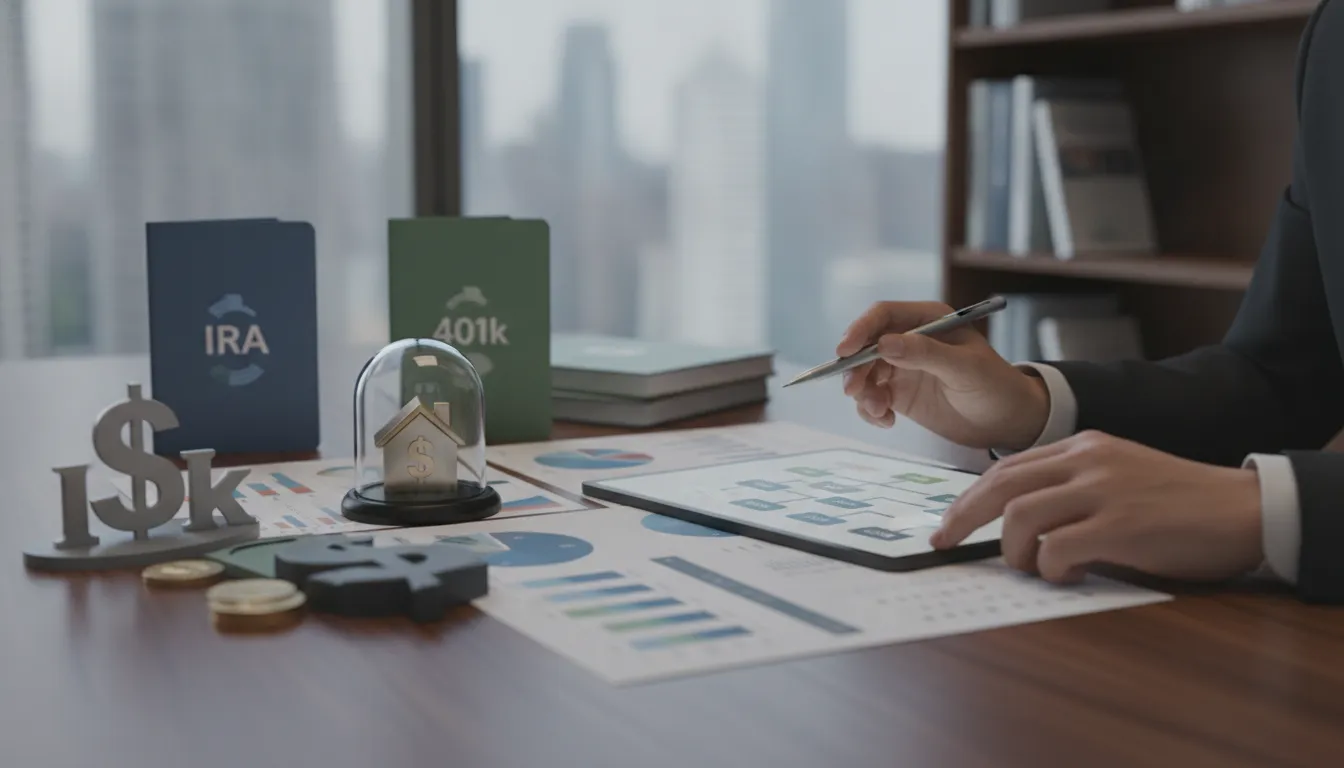 IRA and 401(k) folders with charts and financial documents for comparing tax-advantaged accounts.