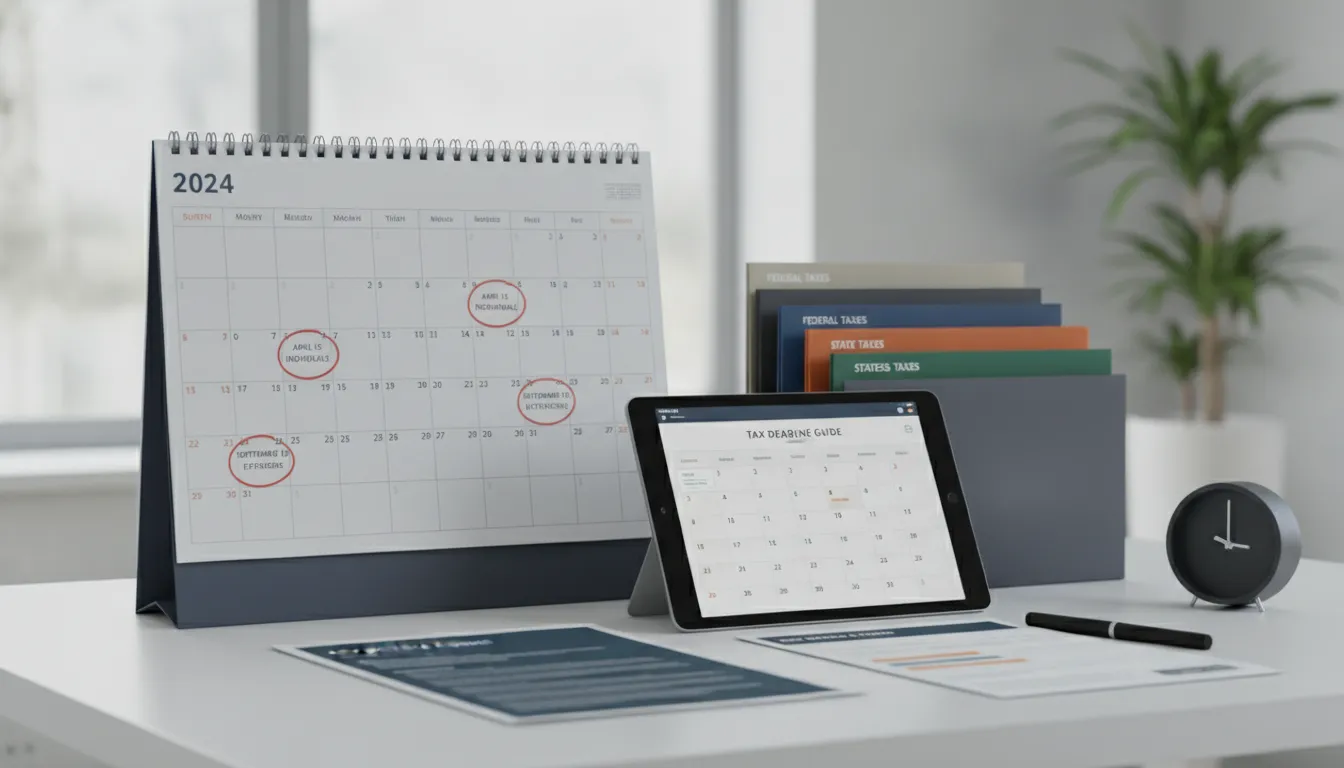 Desk with 2024 calendar marking tax deadlines, tablet, and organized folders.