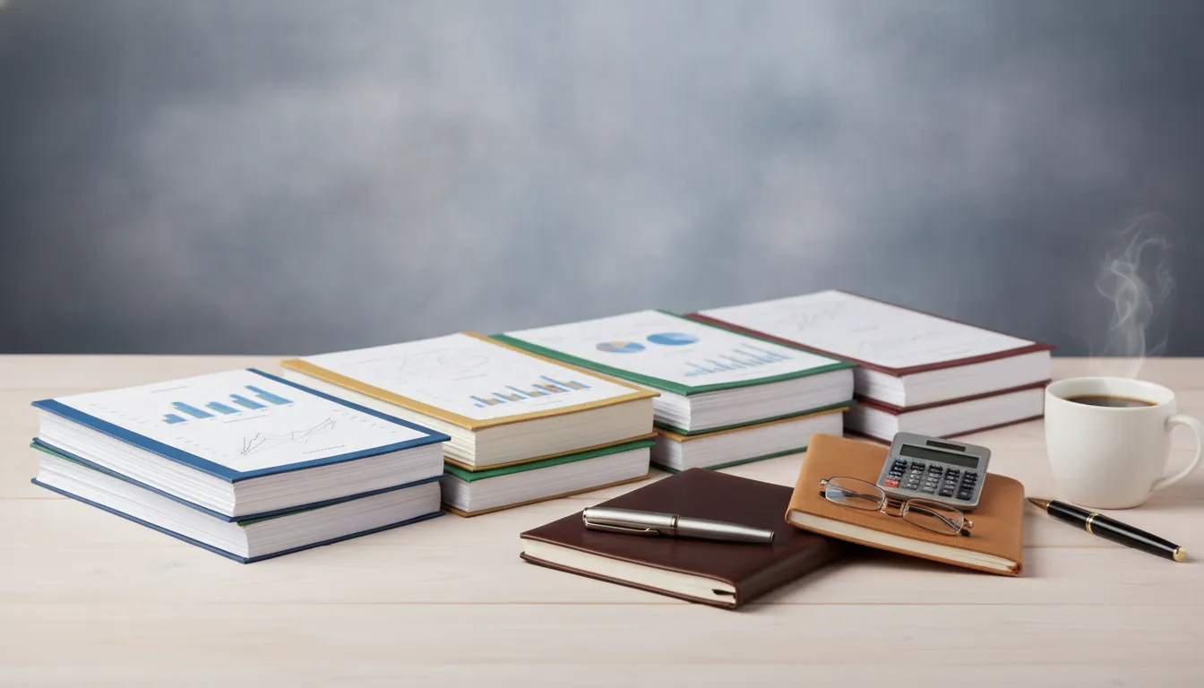 Books, financial reports, and a calculator for comparing tax-free investments.