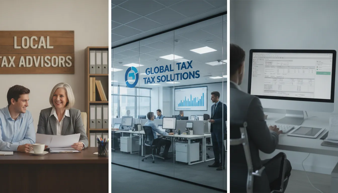 Tax preparation company options: a local advisor, a national chain, and DIY software on a laptop.