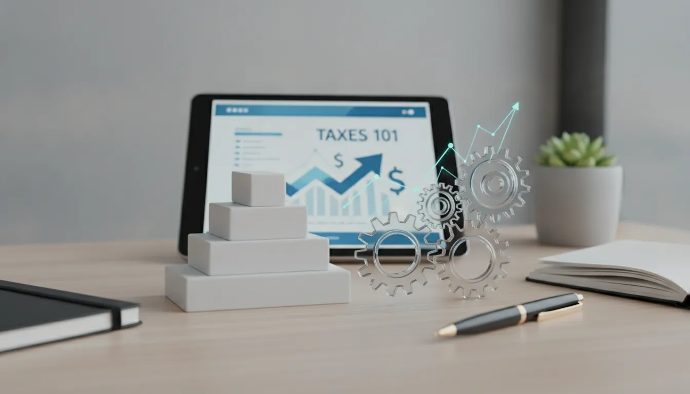 Tablet on a desk displaying a "Taxes 101" guide with financial charts.