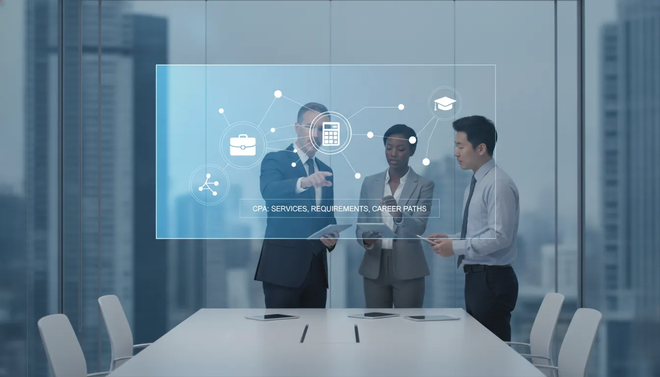 Three business professionals discussing CPA services and requirements in a modern office.