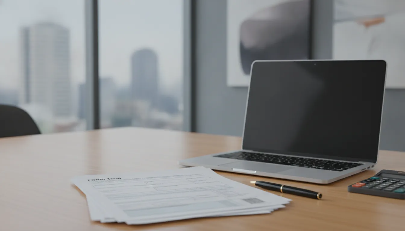 1098 tax form with pen, laptop, and calculator on a desk.
